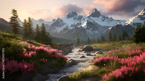 A tranquil alpine meadow bathed in the soft light of dawn  dew-kissed wildflowers carpeting the ground  towering peaks framing the scene