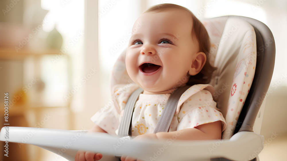 A happy child is sitting in a high chair in the kitchen, waiting for the first complementary food. A happy child is sitting in a high chair in the kitchen, waiting for the first complementary food.