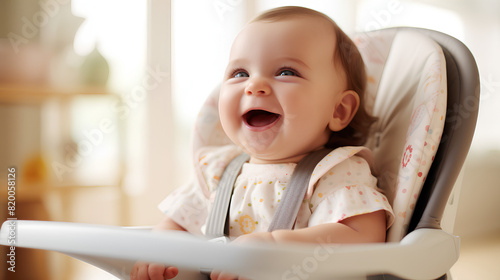 A happy child is sitting in a high chair in the kitchen  waiting for the first complementary food.