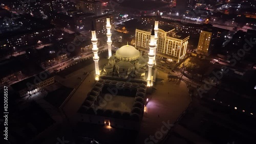 Aerial Night View of Imam Sarakhsi Mosque in Bishkek