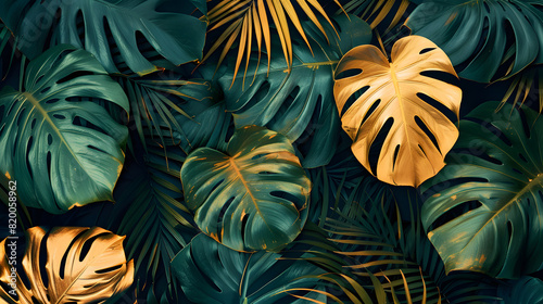 A beautiful pattern of green and gold tropical leaves on a dark background