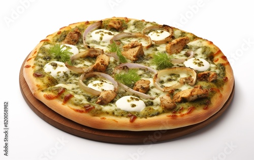 Tempting Pesto Chicken Pizza on a White Background