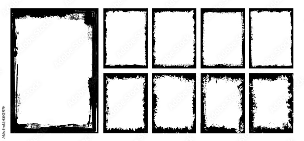 Collection of black paint brush stroke background, grunge overlay frame and torn paper effect. Retro grunge texture with ink splash for social media. Dirty  border pattern art. Crack wall silhouette.