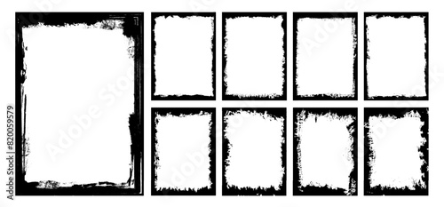 Collection of black paint brush stroke background, grunge overlay frame and torn paper effect. Retro grunge texture with ink splash for social media. Dirty  border pattern art. Crack wall silhouette.
