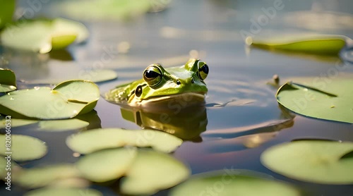 A tiny green frog, sitting on a lily pad in a clear pond surrounded by reeds and flowers photo
