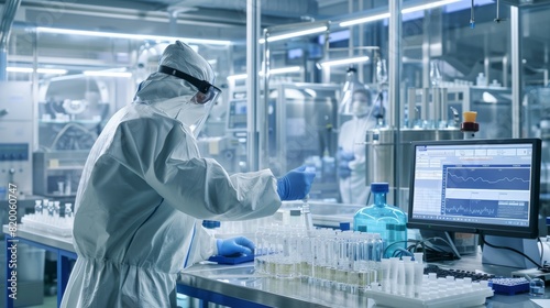 In a modern lab, a researcher in protective gear uses advanced technology for precise data analysis, conducting scientific experiments in a sterile environment with cuttingedge equipment
