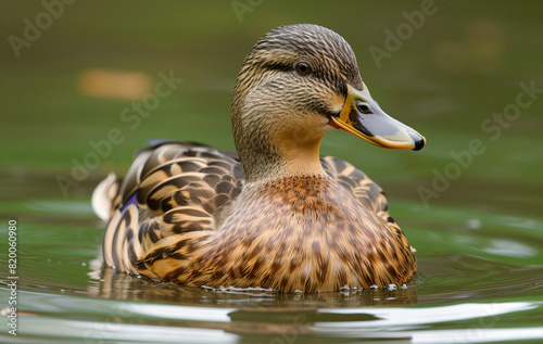 A beautiful duck is swimming in the water., green background, dark brownish-yellow plumage