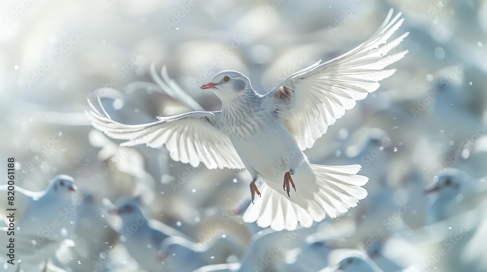 Fototapeta premium Red cardinal prominently contrasts white birds in a flock set against a serene blue background
