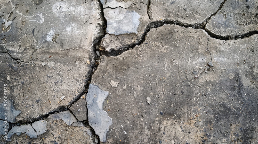Obraz premium Cracked sidewalk close-up, showing deep fissures and broken cement, texture of the concrete foundation visible