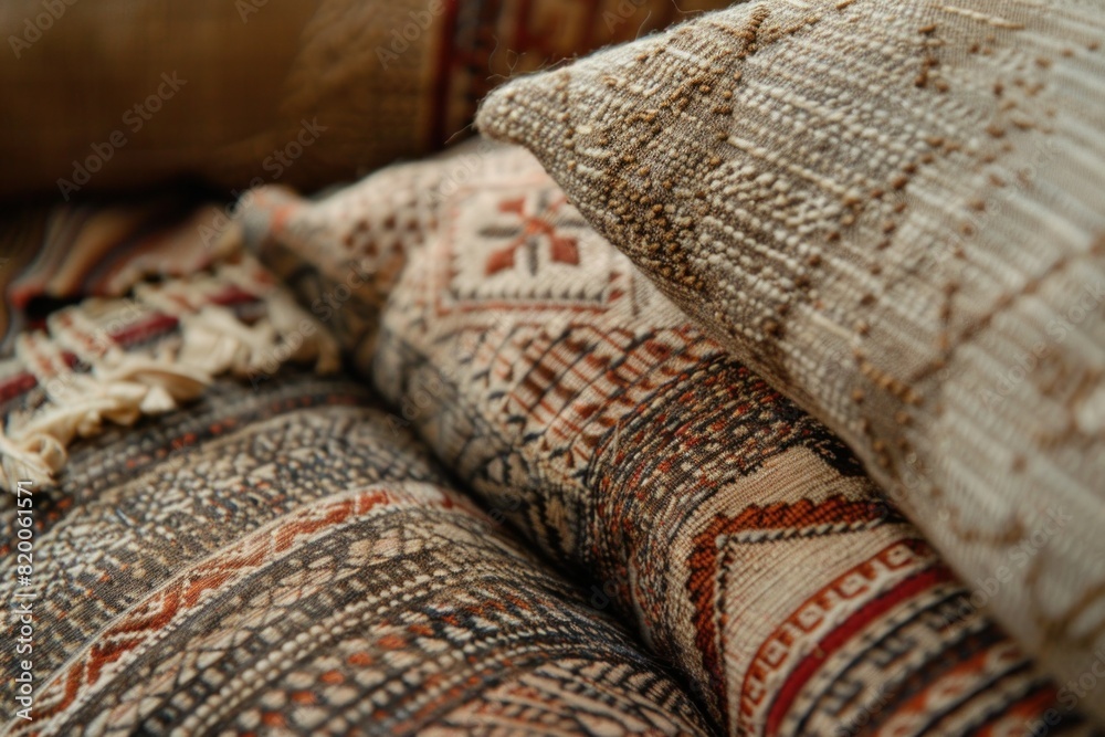 Pile of beautifully patterned pillows in close up view for home decor and interior design inspiration Pile of beautifully patterned pillows in close up view for home decor and interior design inspiration