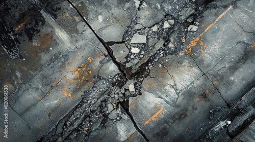 Cracked factory sidewalk from frost heave, captured from above, concrete fragments scattered, intricate details photo