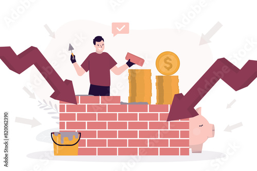 Smart businessman builds brick wall to protect savings and profits. Reliable financial protection behind stone wall. Financial literacy,