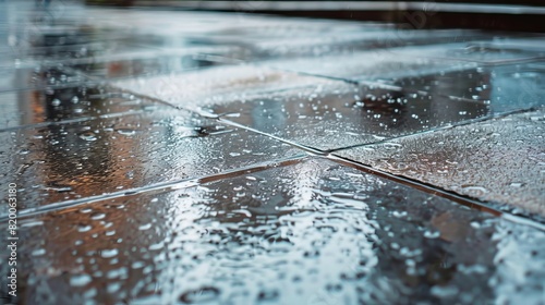 Close-up of wet concrete footpath, detailed surface texture, new city development materials visible