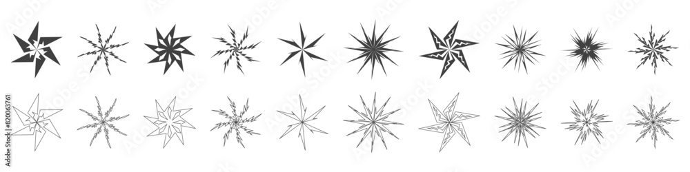 A set of stars icons, black color, solid shapes and outline stroke versions. A set of stars icons, black color, solid shapes and outline stroke versions.