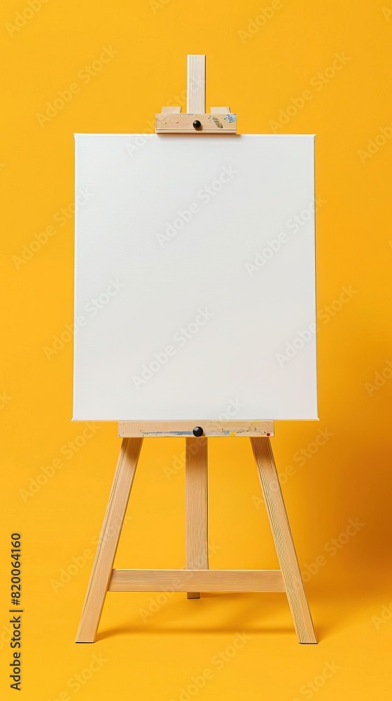 Large easel with blank canvas ready for painting isolated on yellow background Large easel with blank canvas ready for painting isolated on yellow background