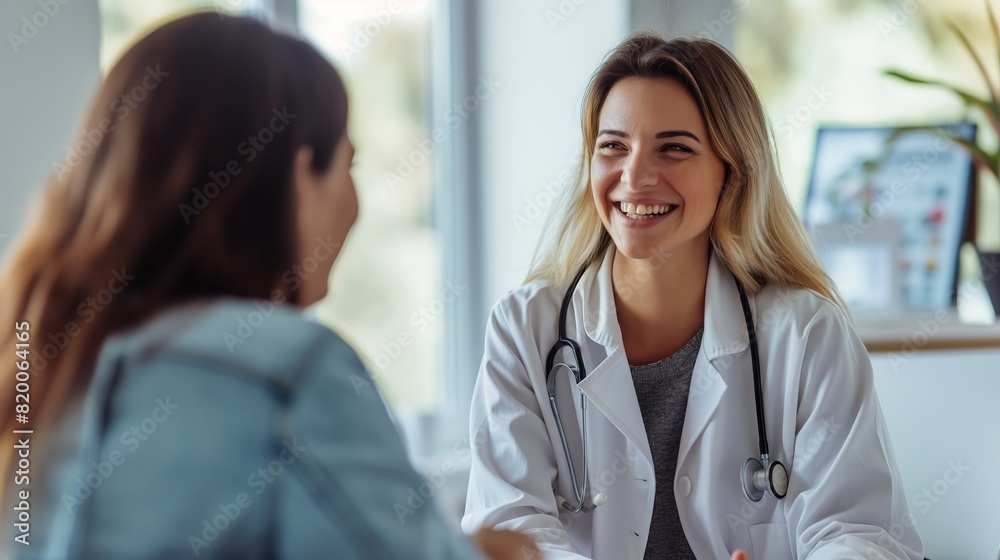 A female doctor in a bright office, smiling and consulting with a patient, creating a positive interaction in modern healthcare. The patient receives care and support from the friendly doctor A female doctor in a bright office, smiling and consulting with a patient, creating a positive interaction in modern healthcare. The patient receives care and support from the friendly doctor