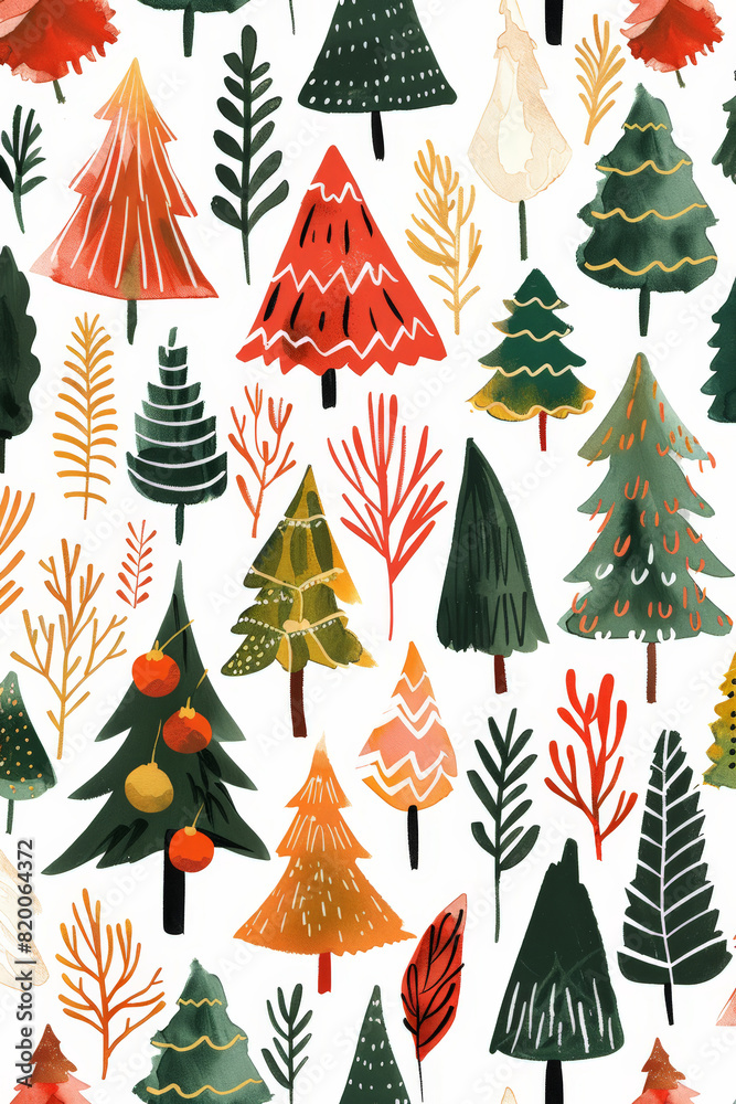 Festive vector illustration of various Christmas trees in a set or pattern for winter holiday cards and decorations Festive vector illustration of various Christmas trees in a set or pattern for winter holiday cards and decorations