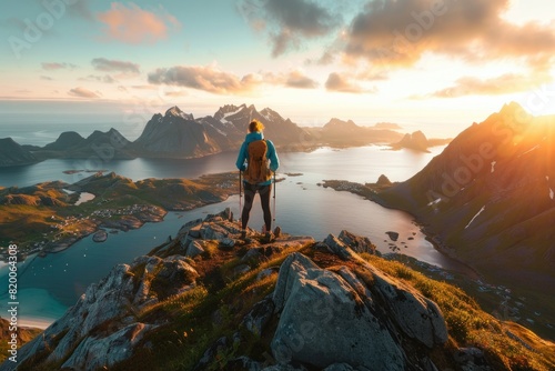 Man standing on top of mountain overlooking ocean and mountains at sunset in lofoten islands, norway travel adventure concept at dusk photo