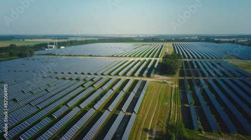 Aerial view of a large solar farm with rows of solar panels absorbing sunlight on a sunny day with clear skies
