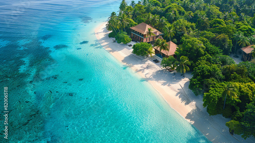 Lush green tropical island with a white sand beach sits in turquoise water under a bright blue sky