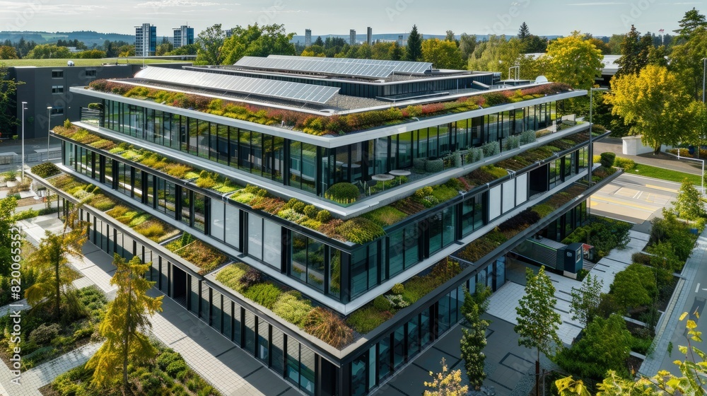 Eco-friendly modern office building with extensive green roofing and ...