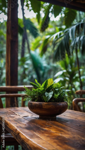 Scenic view of a jungle setting with a wooden table as the centerpiece
