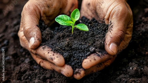 Close-up of hands holding rich, dark soil with a small green plant growing, symbolizing sustainable development and environmental care photo