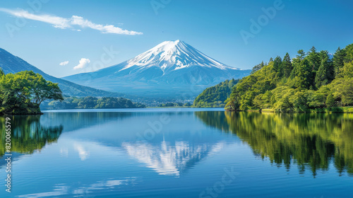 Still mountain lake reflects snow-capped peak in a peaceful morning landscape © medalinebow