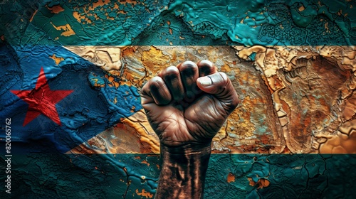 A raised fist symbol in front of a Cuban flag
