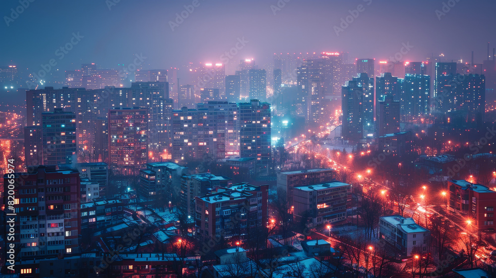 A nighttime view of a city skyline with illuminated skyscrapers and buildings A nighttime view of a city skyline with illuminated skyscrapers and buildings