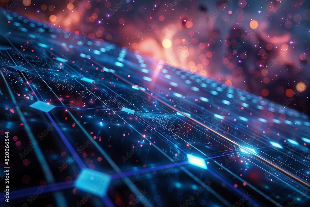 Fototapeta premium Futuristic solar panels bathed in a blue glow, symbolizing innovation in renewable energy with an abstract, star-like backdrop.