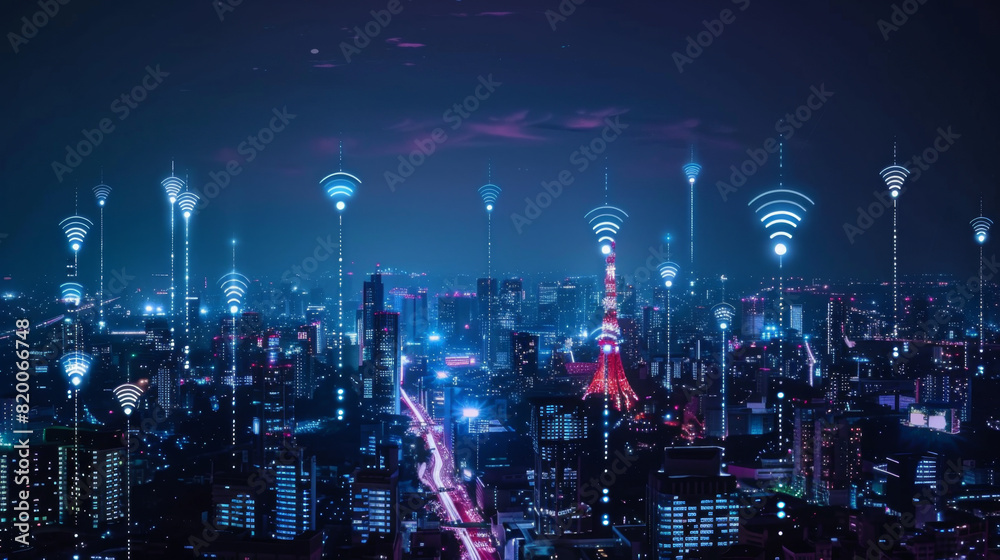 A futuristic city skyline at night, illuminated by digital connectivity icons symbolizing wireless technology and advanced networking. Futuristic City with Digital Connectivity Icons at Night
A futuristic city skyline at night, illuminated by digital connectivity icons symbolizing wireless technology and advanced networking. Futuristic City with Digital Connectivity Icons at Night