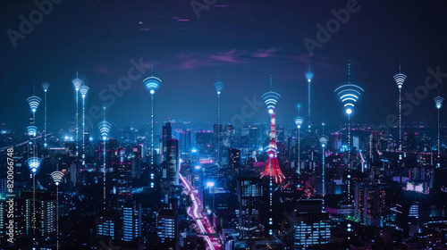 A futuristic city skyline at night  illuminated by digital connectivity icons symbolizing wireless technology and advanced networking. Futuristic City with Digital Connectivity Icons at Night  