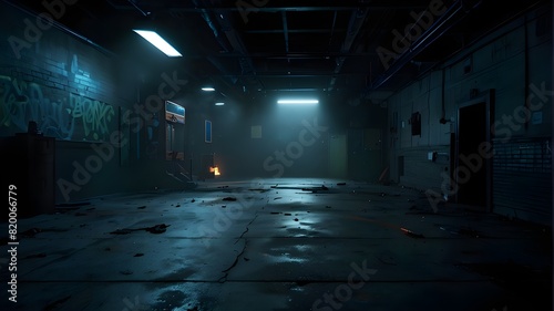 A pitch-black, deserted street, a deep blue backdrop, a dimly lit, vacant landscape, neon lights, and spotlights The studio space with smoke floating up the inside texturing and the asphalt floor.