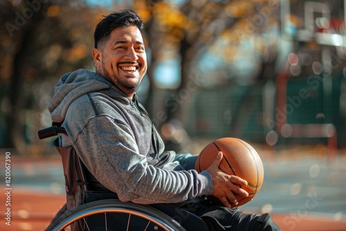 Happy Man in Wheelchair Holding Basketball: Inclusive Sports and Fitness on Outdoor Court in Autumn