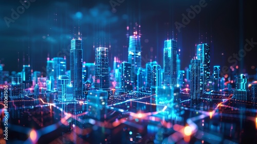 A holographic representation of a futuristic city skyline  with shimmering skyscrapers and floating platforms bathed in ethereal light  projecting an aura of advanced technology and innovation.
