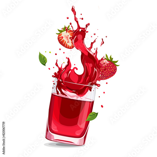 Splashes of red strawberry juice with slices. Vector clipart with citrus drink isolated for design