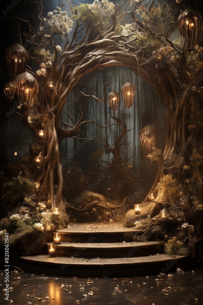 Obraz premium Enchanted forest product podium with magical, twinkling lights amidst ancient trees