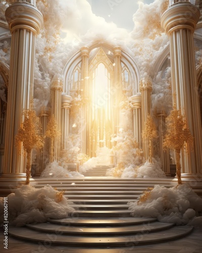 Divine atmosphere product podium with golden gates and soft, heavenly glow