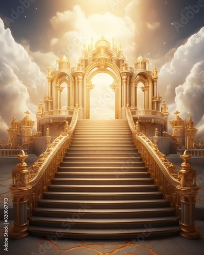 Divine atmosphere product podium with golden gates and soft, heavenly glow