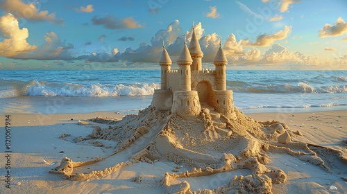 Sand Castle on the beach with sunlight photo