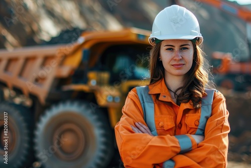 Confident Female Construction Worker: Engineer in Orange Safety Uniform at Industrial Worksite with Machinery