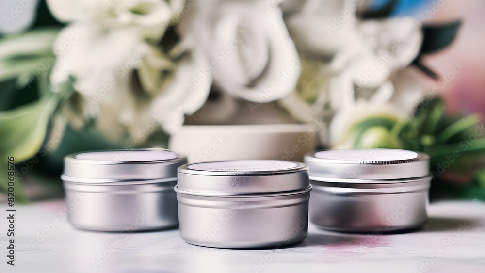 A set of 3 silver tins scented candles for mockup with flowers in the background, product photography background