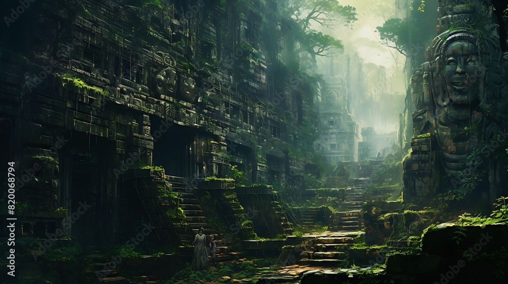 Naklejka premium A hauntingly beautiful ruins of an ancient civilization, nestled amidst a dense jungle, adorned with intricate carvings and overgrown with lush vegetation background