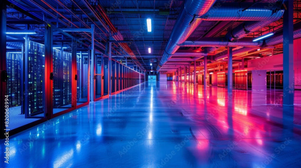 A panoramic view of a cloud data center, showcasing rows of server