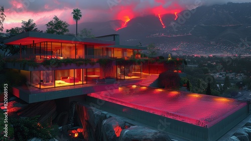 Electric current flow around energy-saving smart home devices like smart lights sensors, modern house with illuminated rooms, set against dramatic landscape with erupting volcanoes.