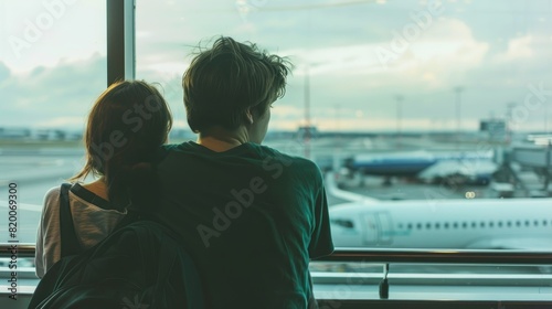Couple at Airport Terminal: Anticipating Adventure as They Look Out at Airplane from Window © Artwork Vector