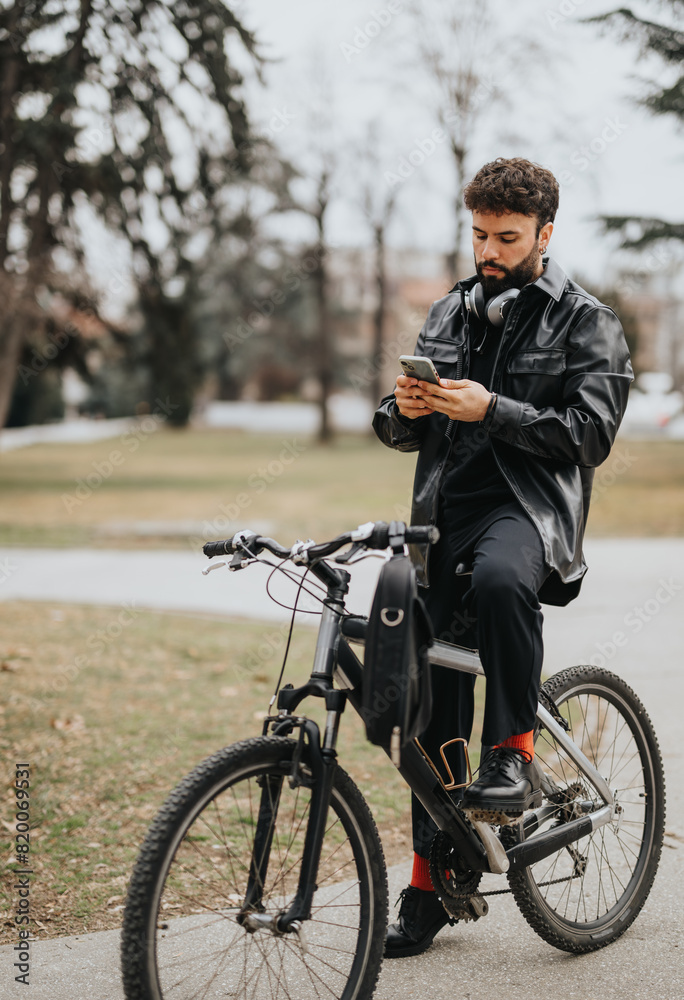 Modern male business entrepreneur using smart phone while sitting on an e-bike outdoors, embodying active and busy lifestyle.