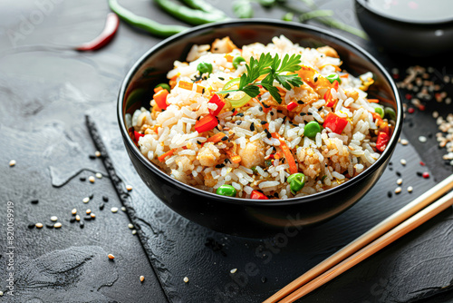 an exquisite serving of fried rice, its rich colors and diverse ingredients showcased in a modern black bowl, with a pair of bamboo chopsticks gently placed on top