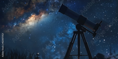 Telescope pointed at a starry night sky with the Milky Way galaxy in the background photo